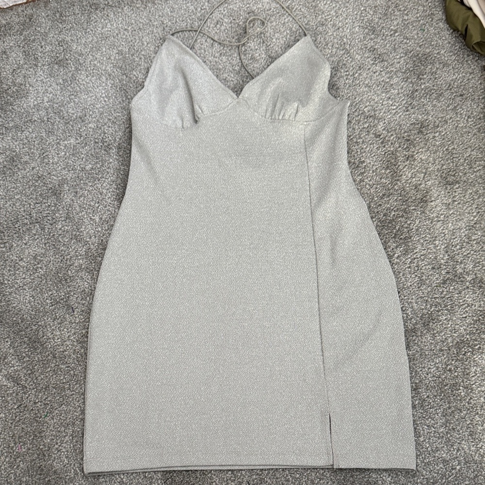 Divided Strapless Silver Dress